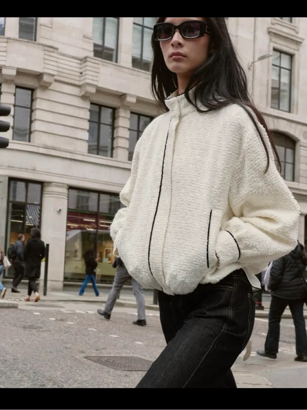 Zara Cream Textured Teddy Jacket with Black Piping